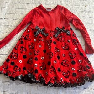 RARE TOO! LADYBUG AND CORDUROY POLKA DOTS BOWS LONG SLEEVES RUFFLE HEM SIZE 6X